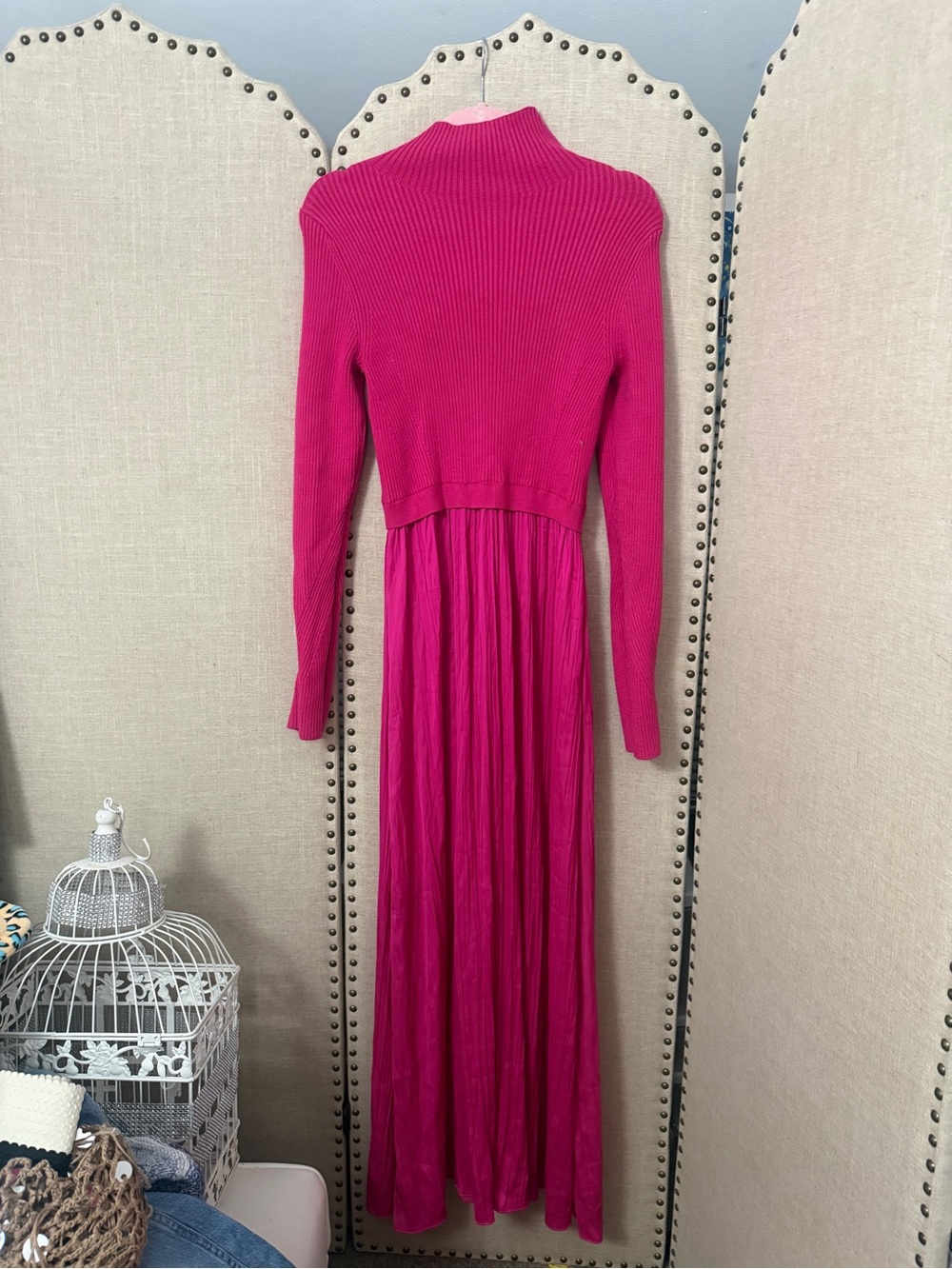 Anthropologie Hot Pink Ribbed Knit & Pleated Maxi Dress